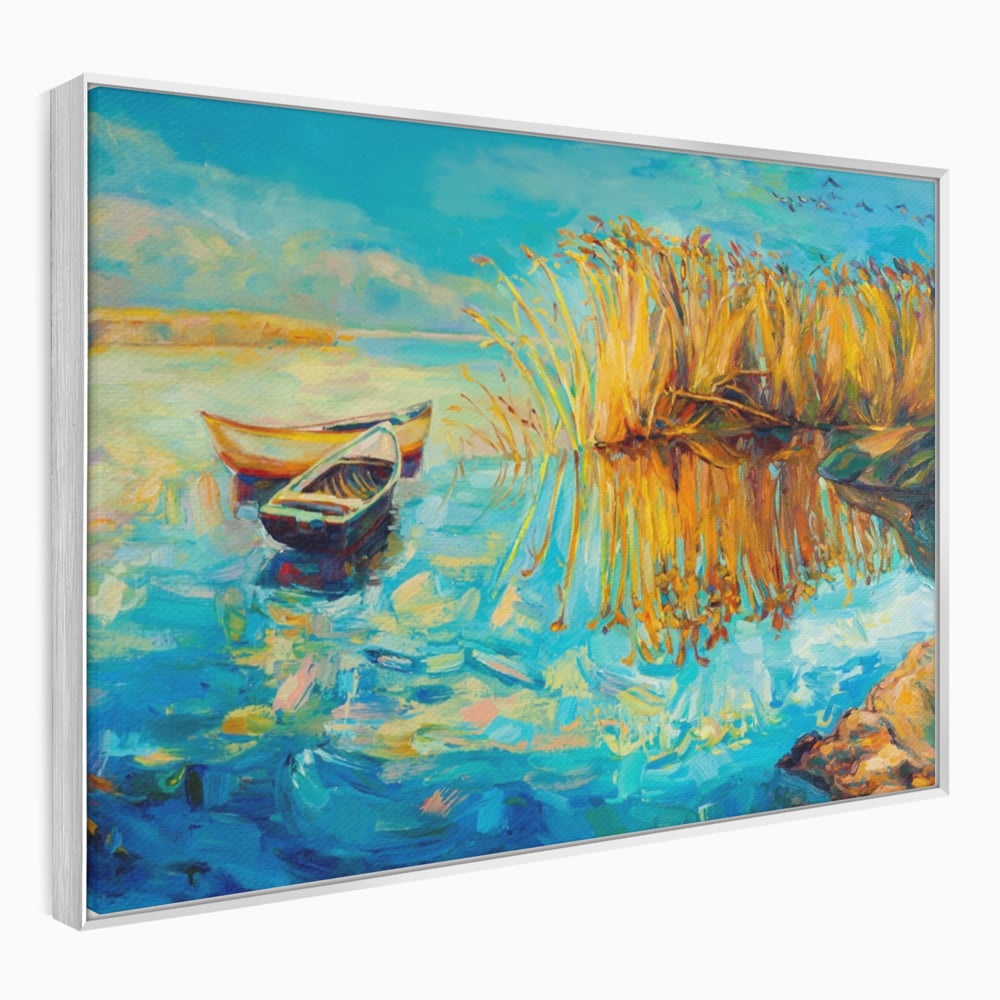 Tablou canvas orizontal peisaj cu barci pe lac, turcoaz si auriu, in rama de aluminiu argintiu